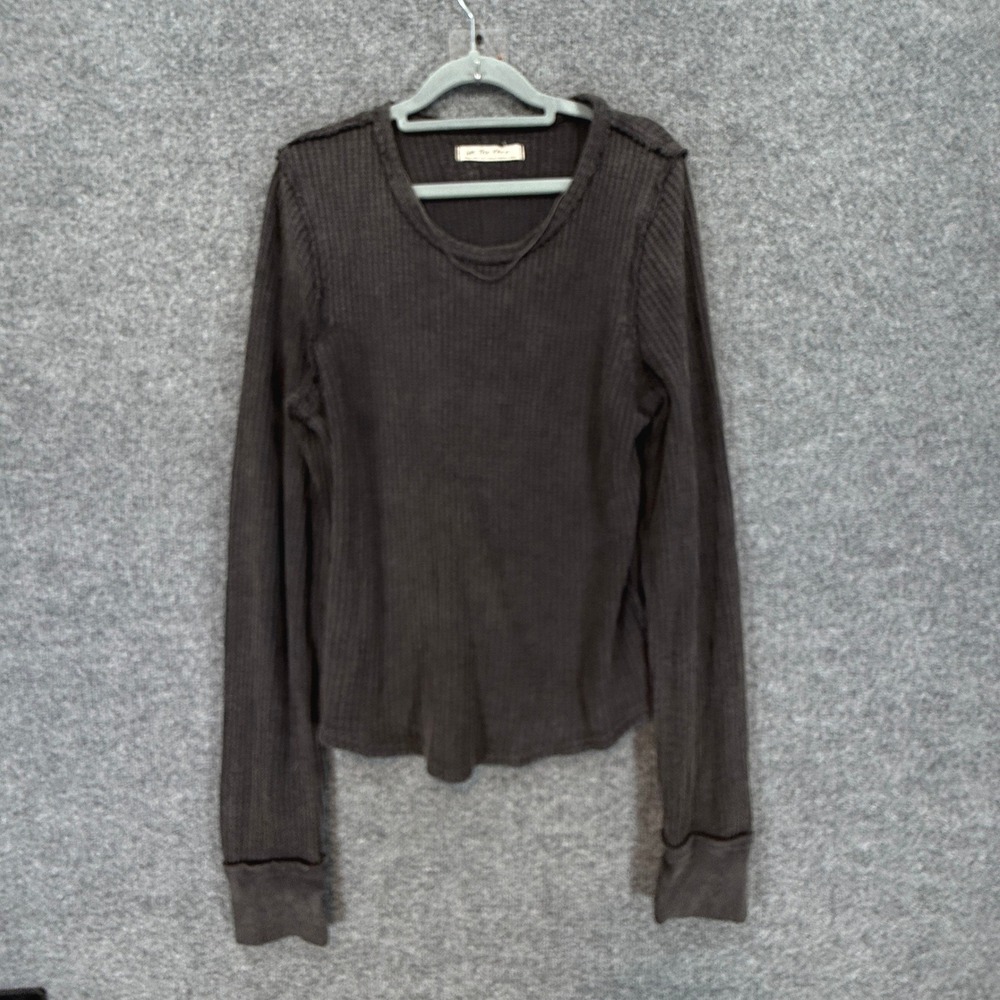 Free People Shirt Womens XL Gray Waffle Knit Thermal Long Sleeve Grunge Raw Edge - Picture 1 of 11